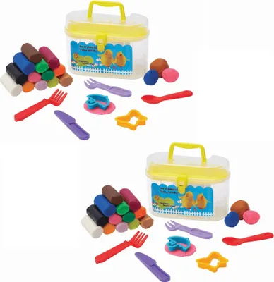 Produktbild von 2 x Knete im Koffer (16 x 10 x 8 cm), 8 Modellier-Werkzeugen, 4 Ausstechförmchen und 32 bunten Knetstangen Knetmasse – ein ideales kreatives Spielzeug für ihre Bastelideen!