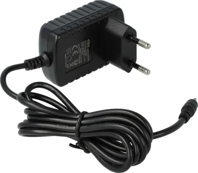 A black power adapter with a European plug and a coiled cable.