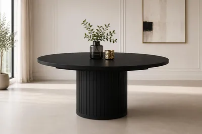 Produktbild von Ausziehbarer Esstisch ZAVEN, Runder Esstisch Ø 120 cm auf 160 cm verlängerbar, Esszimmertisch für 4 bis 8 Personen für Esszimmer, Wohnzimmer Schwarz