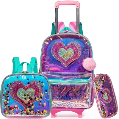 Immagine prodotto di Zaino trolley multifunzione per bambine, 5 in 1, con contenitore per il pranzo e astuccio, borsa per laptop da 17 pollici, ideale per studenti delle scuole elementari e adolescenti