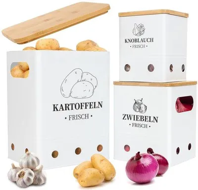Immagine prodotto di Contenitore per la conservazione delle patate, set da 3, con coperchio in bambù, bianco, impilabile