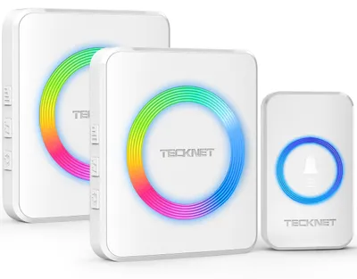 Zdjęcie produktu dla TECKNET Bezprzewodowy dzwonek do drzwi, zestaw bezprzewodowy, zasięg 400 metrów, podświetlenie RGB