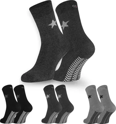 Produktbild von OCERA 3 Paar Thermo Stoppersocken mit ABS  - Anti Rutschsocken mit Innenfrottee für Damen und Herren - 3 Paar Grautöne mit Sterne Muster, 35-38