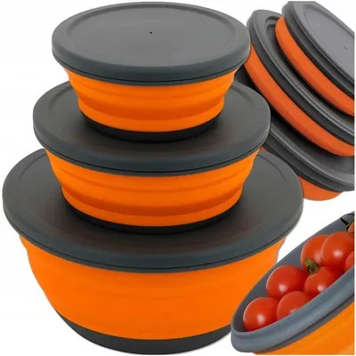 Produktbild von Faltbare Silikonschüsseln mit Deckel 3er-Set – Zusammenklappbare Frischhaltedosen – Kompaktes Camping-Geschirr & Outdoor-Behälter – BPA-frei Grün