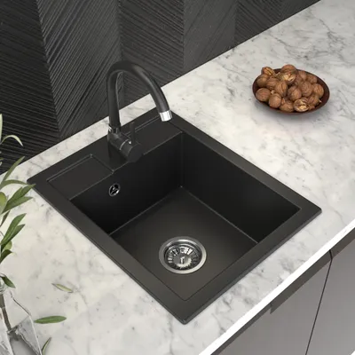 Produktbild von Küchenspüle 40x50 cm, Spüle aus Granit mit Siphon Chrom, Sieb und Imprägniermittel, Spülbecken mit 1 Becken, Einbauspüle, Schwarz