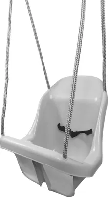A white baby swing seat with black straps, suspended by metal chains against a white background.