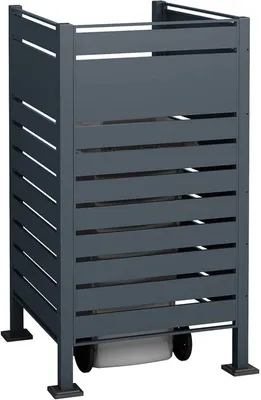 A dark gray metal trash can enclosure with horizontal slats and a small wheel visible at the bottom.