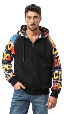 Immagine prodotto di Giacca con cappuccio da uomo CL589 – Felpa nera con zip, motivo a tema fumetti ed effetti sonori | Abbigliamento streetwear con un tocco di cultura pop