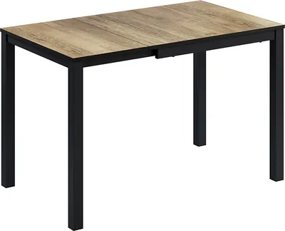 A dining table with a wood-look top and black metal legs, shown against a white background.