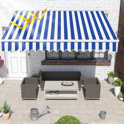 Produktbild von Izrielar Markise 300 x 250 cm Beschattung Terrasse & Balkon - Gelenkarmmarkise mit Kurbel & Halterung Sonnenschutz Balkonmarkise Gelenkmarkise Blau Weiß