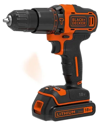 Obrázek produktu pro BLACK+DECKER akumulátorová vrtačka/kladivo 18 V, 2x 1,5 Ah baterie, nabíječka 400 mA, kufr, sada BDC