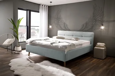 Produktbild von Meise Möbel Stauraumbett Lotte 180x200 cm | Bettkasten & Lattenrost | Webstoff Eisblau | Holzfuß eichefarbig