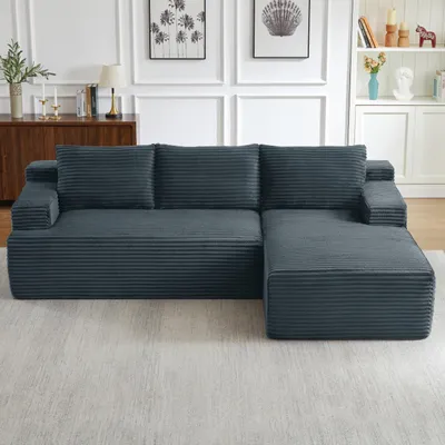 Immagine prodotto di Divano ad angolo, modello modulare, con design "Cloud", caratterizzato da un'imbottitura confortevole, realizzata con schiuma e molle insacchettate, rivestito in tessuto corduroy, e non necessita di montaggio