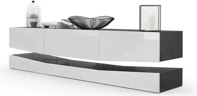 A modern TV stand with a unique floating design, presented against a white background.