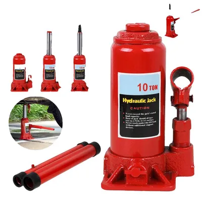 Image de Vérin hydraulique pour bouteilles, capacité de charge maximale 10 tonnes, hauteur minimale 19,5 cm, hauteur maximale 37 cm, course 11,5 cm, réglage en hauteur 6 cm