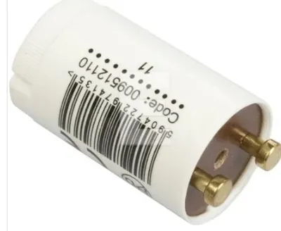 A close-up studio shot of a white electrical component with gold pins.