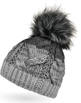 Produktbild von Damen Strick-Mütze gefüttert Fleece-Innenfutter Fell-Bommel Kunstfell Winter-Mütze Bommelmütze Zopfmuster mehrfarbig Neverless® hellgrau-dunkelgrau