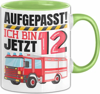 Produktbild von 12. Geburtstag Geschenk Tasse Becher Jungs Feuerwehr Aufgepasst Ich Bin Jetzt 12 (Grün)