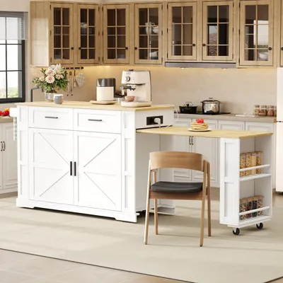 Produktbild von Merax Kücheninsel mit ausziehbarer Arbeitsplatte und 2 Schubladen, Küchenwagen mit Steckdose USB, Sideboard Tisch mit Rollen, Handtuchhalter, Weiß