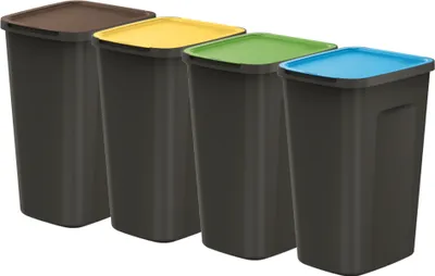 Four dark gray trash cans with different colored lids are lined up against a white background.