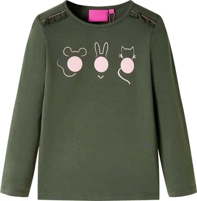 Produktbild von Kinder Langarmshirt Khaki Größe 104 mit Tiermotiv und Schulterrüschen