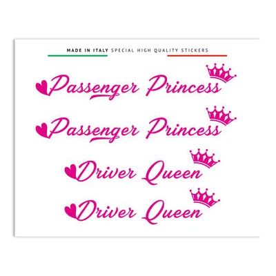 Immagine prodotto di Adesivi "Principessa Passeggero" e "Regina alla Guida", set di 4 adesivi decorativi, color fucsia