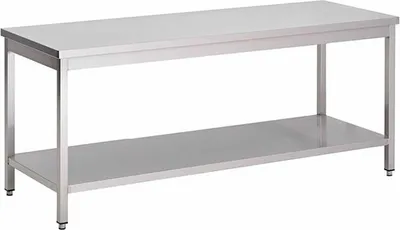 Produktbild von Arbeitstisch aus Edelstahl AISI 304 mit Grundboden, 800(L)x700(T)x880(H)mm.