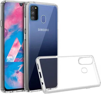 A clear protective phone case is shown next to a Samsung phone.