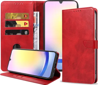Image de Etui pour téléphone Samsung Galaxy A25 en simili cuir avec lèvre magnétique et porte-cartes Etui à rabat - Rouge - Smartphonics