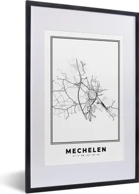 Produktbild von MuchoWow® Gerahmtes Poster Belgien - Mechelen - Stadtplan - Karte - Schwarz und weiß - Karte 40x60 cm - Poster mit Schwarzem Bilderrahmen Wandposter Rahmen Foto Bilder - Poster in Rahmen