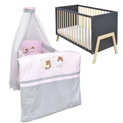 Produktbild von Babybett Kinderbett Gitterbett Juna 60x120 Anthrazit Schutzgitter Matratze Bettwäsche Set 10tlg  Traumland Rosa