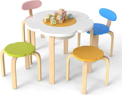 Immagine prodotto di Set di mobili per bambini - Set di tavolo e sedie a 5 pezzi - Forma a fiore - Plastica - Tavolo da disegno con 2 sedie e 2 sgabelli - Colorato