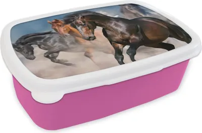 Produktbild von KitchenYeah® Lunchbox Brotzeit Brotdose 17x11 cm Pferde - Stoff - Wüste Kinder Brotzeitdose - Lunchpaket - Brotkasten  - Sandwich Box