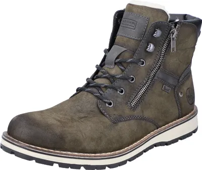 A single green Rieker boot is shown against a white background.