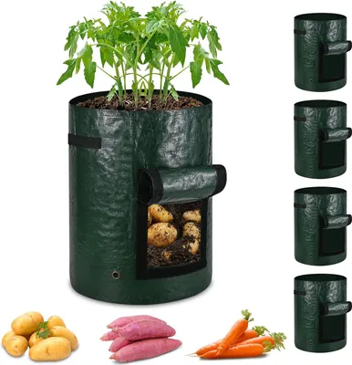 Immagine prodotto di 5 sacchi da 27L in materiale PE, vaso per piante di pomodoro da 160 g/m² con finestra e manici resistenti per patate, pomodori, fragole, fiori, piante e ortaggi sul balcone o in giardino