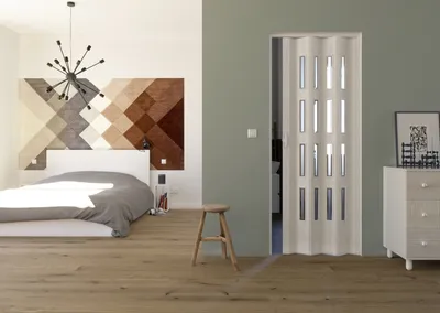 Produktbild von Forte Kunststoff Falttür Luciana Schiebetür Nischentür B 88,5x H 202 cm Eiche weiß 3D 4 Fenster