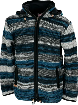 Produktbild von Kuschelige Gefütterte Uni Strickjacke, Gestreifte Wolljacke, Nepaljacke - Modell 15, Herren, Blau, Wolle, Größe: XXL