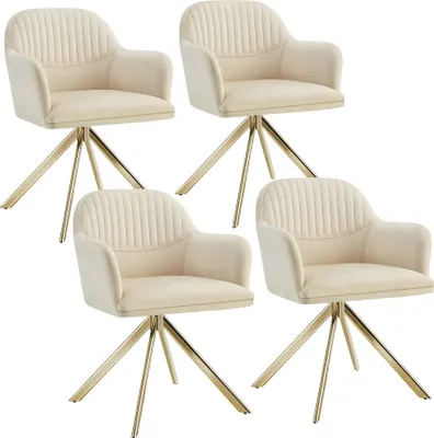 Four cream-colored swivel chairs with gold legs are arranged on a white background.