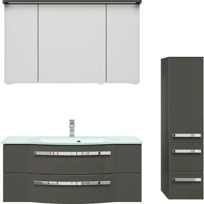 Produktbild von Pelipal Badmöbel-Set Serie 4005 BxHxT 150 x 200 x 49,1 cm Frontfarbe grau hochglanz mit Waschtisch Glas weiß, Waschtisch