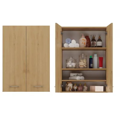 A wooden cabinet with its doors open, displaying various bathroom items on shelves.