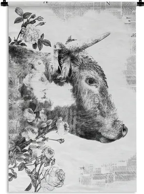 Produktbild von MuchoWow® Wandteppich Wandbehang Seitenansicht eines schottischen Hochlandrinds mit Zeitungsartikeln - schwarz-weiß 120x180 cm Tapisserie Dekoration Wandtuch - Schlafzimmer - Dekorationen für das Haus