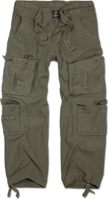 A pair of olive-colored cargo pants laid flat.