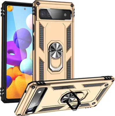 Produktbild von Google Pixel 6A Hülle, Dual Layer Robust Militäre Schutzhülle mit Ringhalterung Ständer für Google Pixel 6A Gold