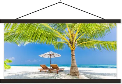 Produktbild von MuchoWow® Textilposter Palme - Strandkorb - Sonnenschirm 60x30 cm mit schwarzem Rahmen - Textilien