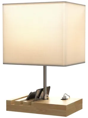 Image de Lampe de chevet avec ports USB-A et USB-C, lampe de table, base en bois, abat-jour en tissu, couleur blanche | Interrupteur bascule | Douille E27, jusqu'à 40W | 25x20x40,5 cm