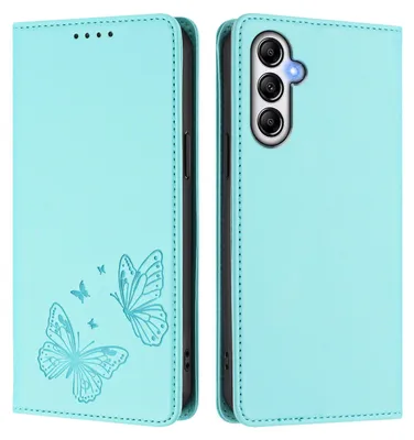 Image de Étui en cuir pour Samsung Galaxy A14 5G/4G, étui de protection type portefeuille en cuir gaufré motif papillon avec support, couleur turquoise