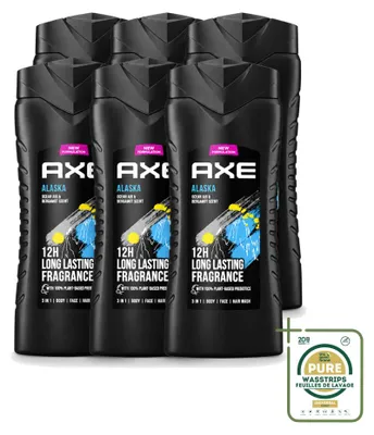 Productafbeelding van 6 x Axe Alaska 3-in-1 Douchegel - Oceaanlucht en Bergamot - 400 ml - Voordeelverpakking - 6 stuks