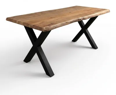 Produktbild von Baumkantentisch Cali 200 x 100 cm, Akazienholz massiv naturfarben, 50 mm Tischplatte, Esstisch mit X-Metallgestell Schwarz, Industrial-Design