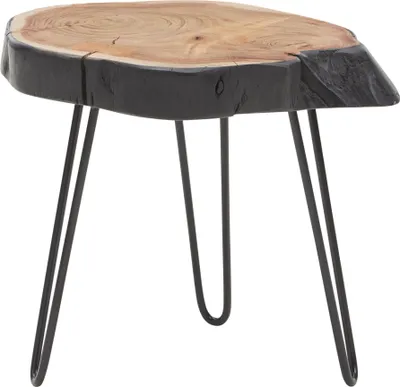Beistelltisch Akazie Massivholz Metall Industrial mit heller Holzplatte, dunklem Baumkantensaum und schwarzen Metallbeinen, Gesamtansicht von oben.