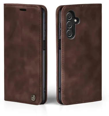 A brown flip cover for a Samsung Galaxy A05s phone is shown from two angles.